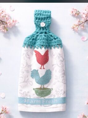 Farm Fresh Cotton Kitchen Hanging Towel with Turquoise Crochet Top